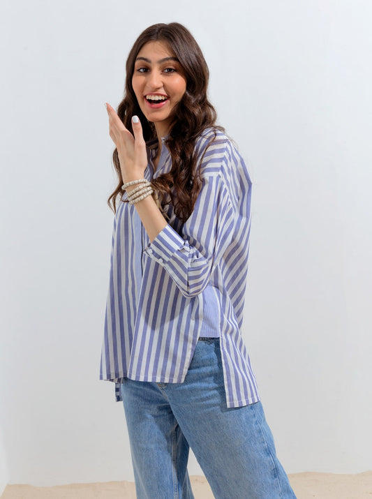 STRIPED COLLAR HI-LOW SHIRT