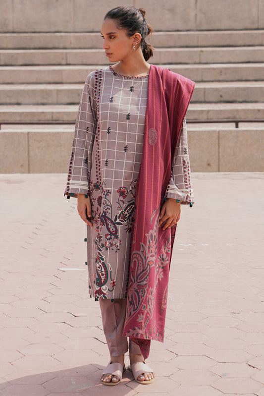 3 PIECE - PRINTED KHADDAR SUIT - GREY TAUPE