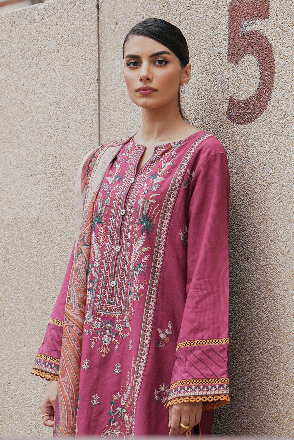 3 PIECE - EMBROIDERED KHADDAR SUIT - VIVID GARNET