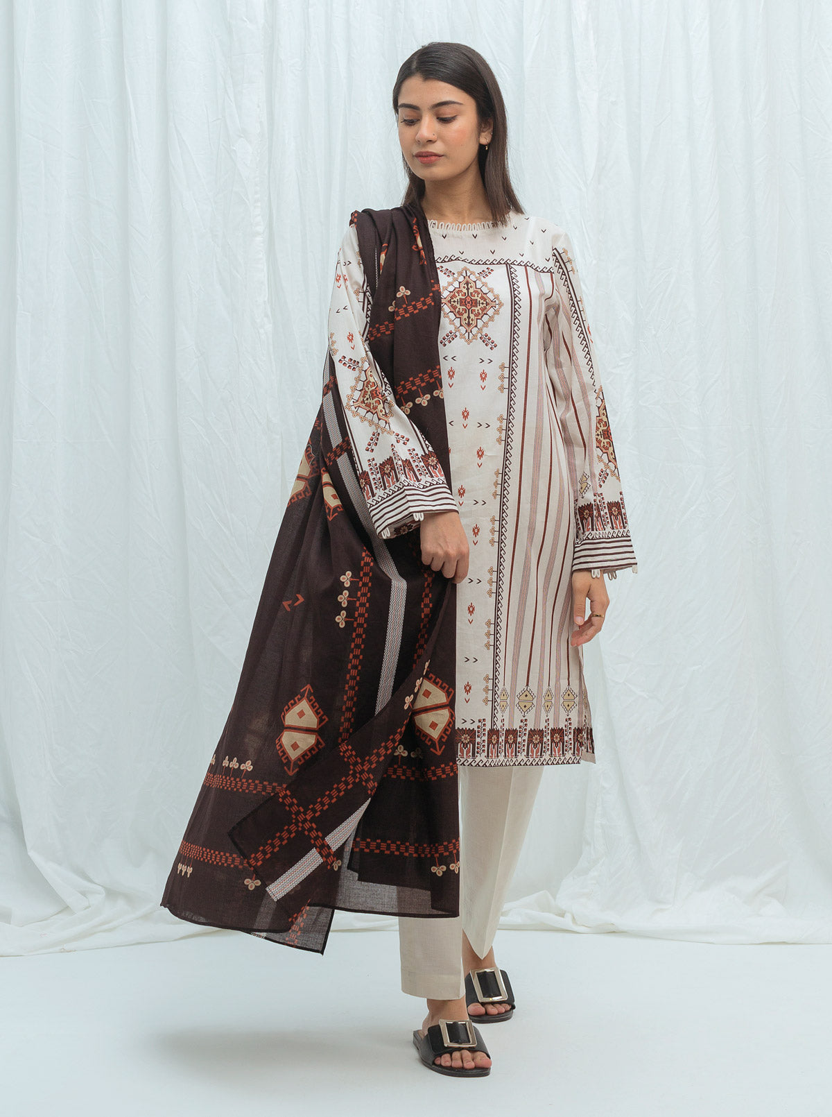 IVORY ETHNIC-PRINTED-2P (UNSTITCHED)