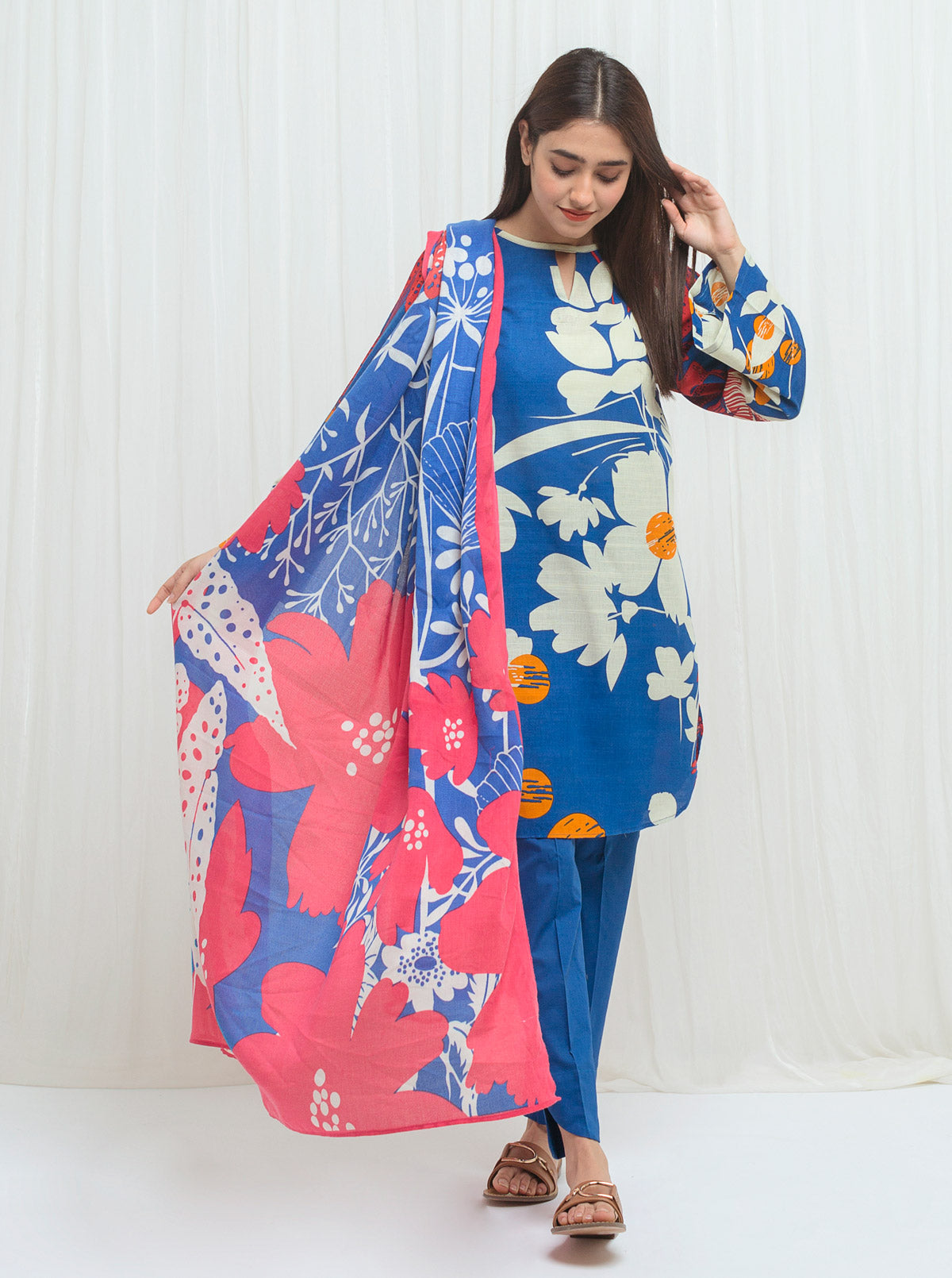 Blue Blossom With Printed Shawl-3P