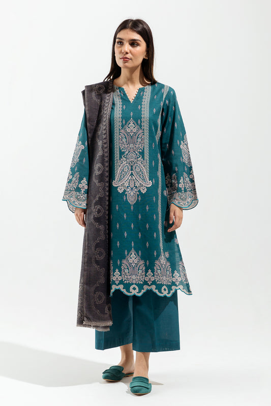 3 PIECE - PRINTED WITH SHAWL KHADDAR SUIT - TEALISH PAISLEY