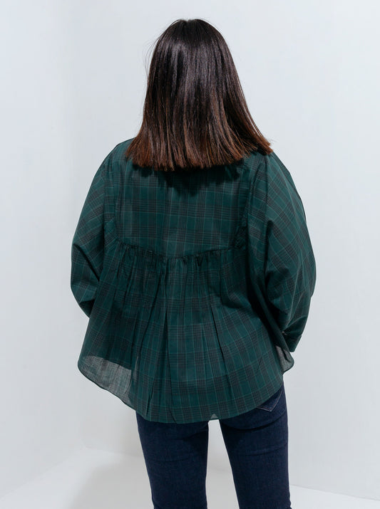 GREEN CHECK GATHERED TOP