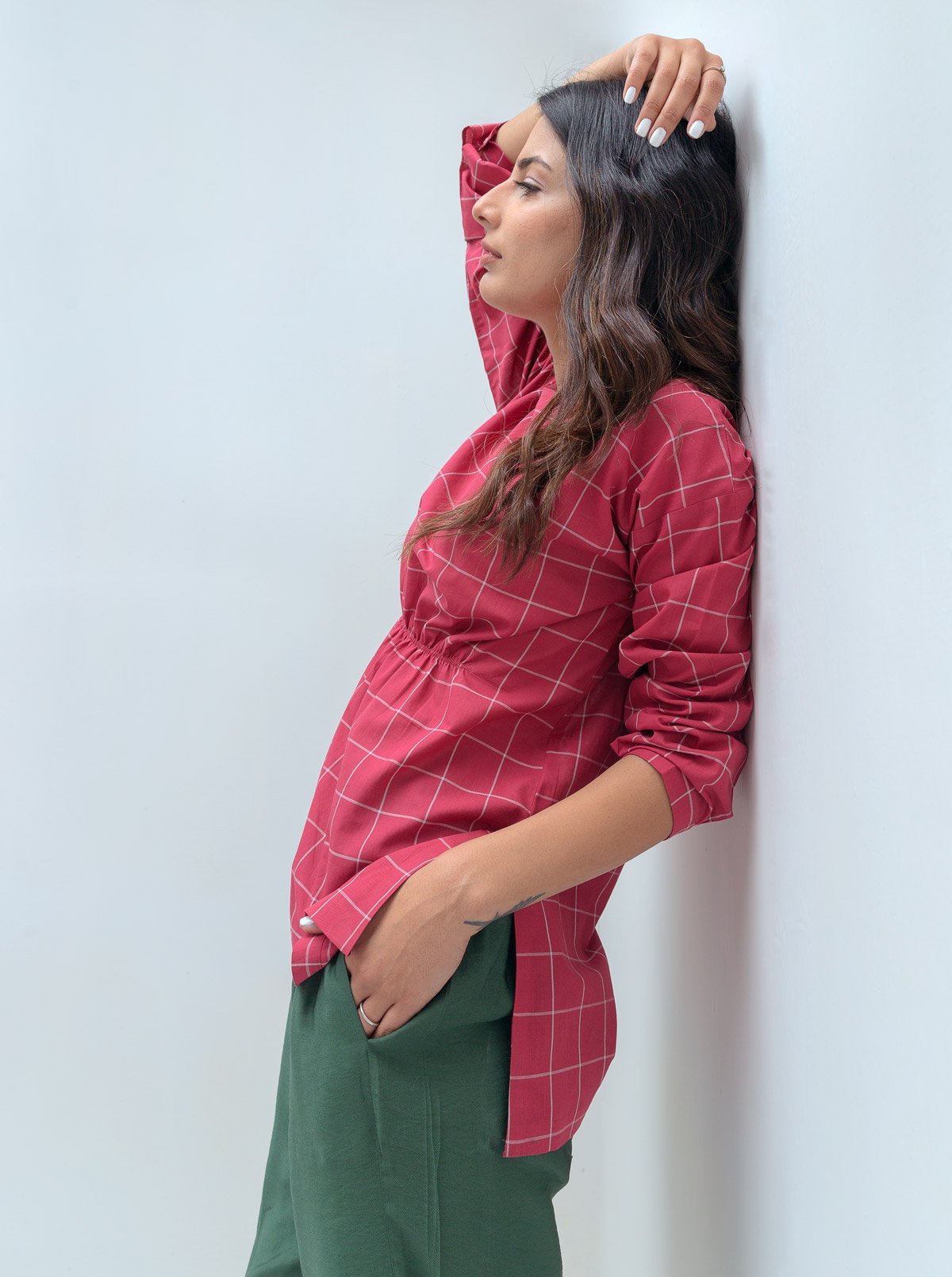 RED CHECK ELASTICATED WAIST SHIRT