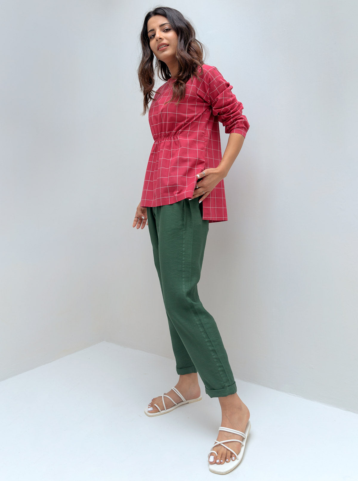 RED CHECK ELASTICATED WAIST SHIRT