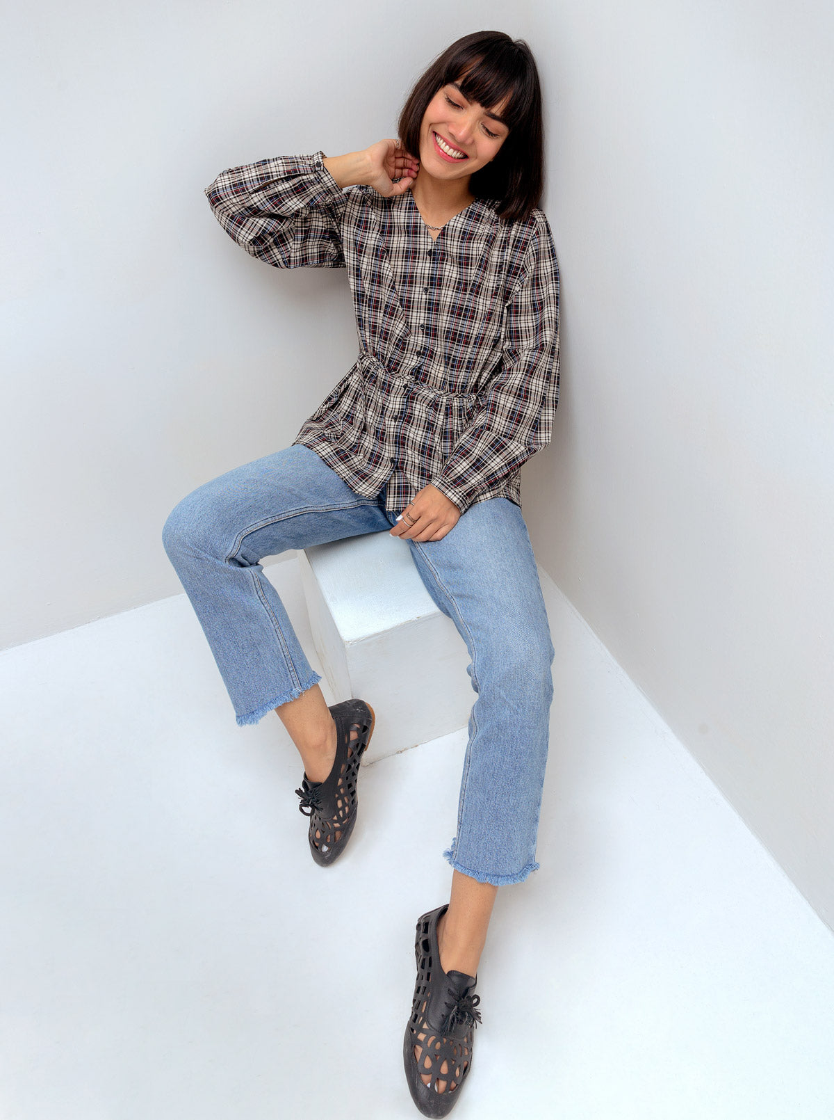 DARK CHECK PEPLUM BUTTON SHIRT