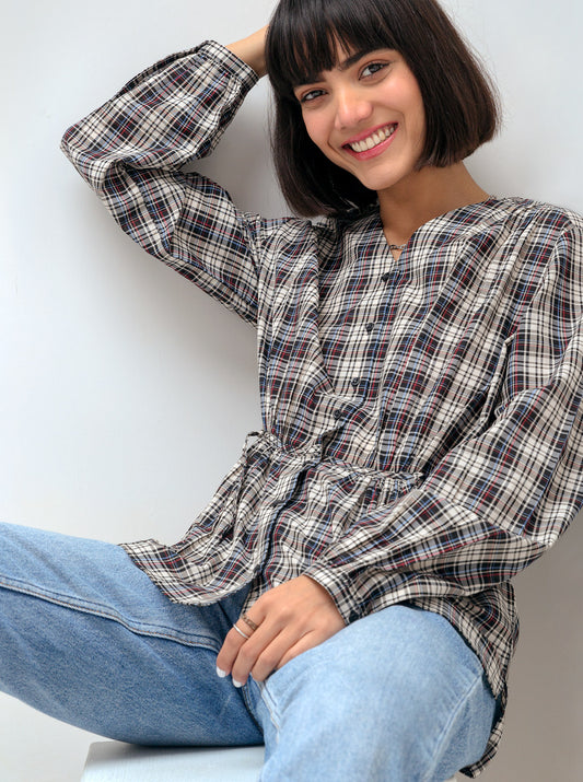 DARK CHECK PEPLUM BUTTON SHIRT