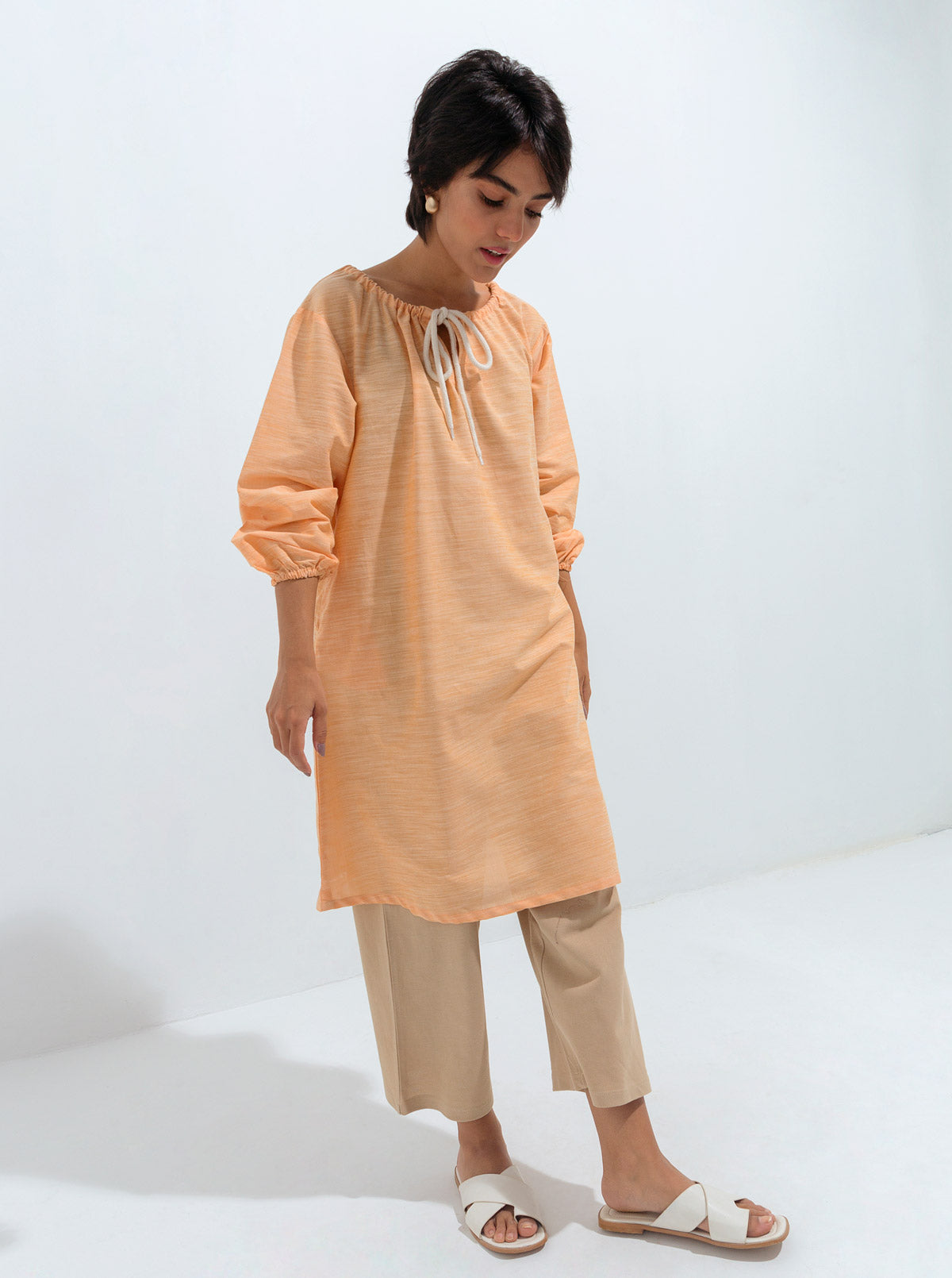 PEACH GATHERED NECK TIE TUNIC