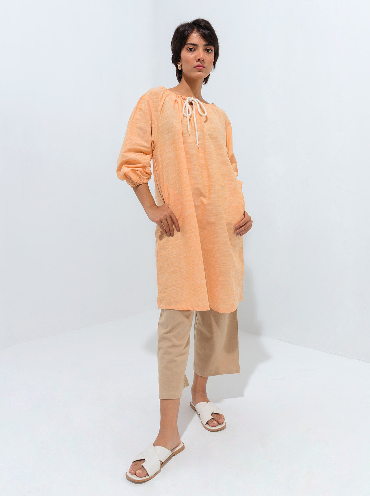 PEACH GATHERED NECK TIE TUNIC