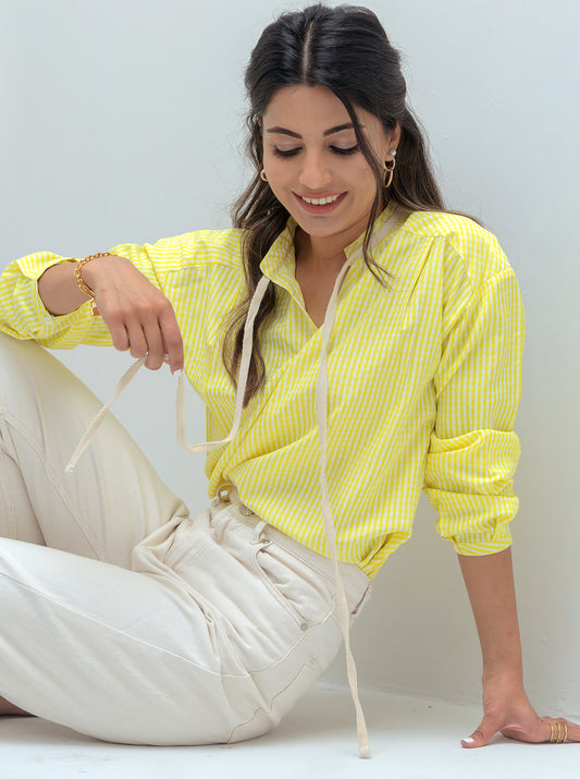 YELLOW CHECK NECK TIE BLOUSE