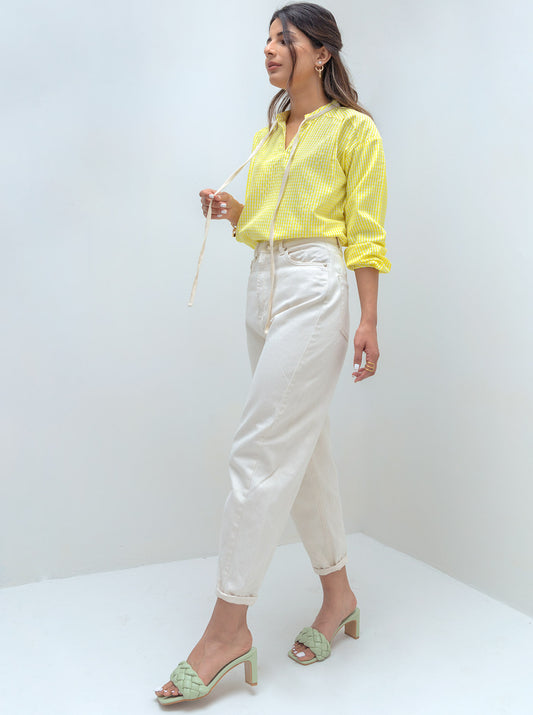 YELLOW CHECK NECK TIE BLOUSE