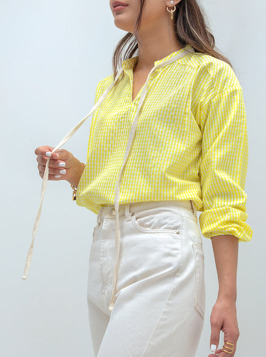 YELLOW CHECK NECK TIE BLOUSE