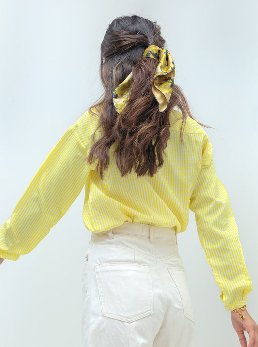 YELLOW CHECK NECK TIE BLOUSE