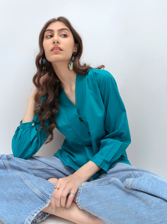 TURQUOISE OVERSIZED PLACKET TOP