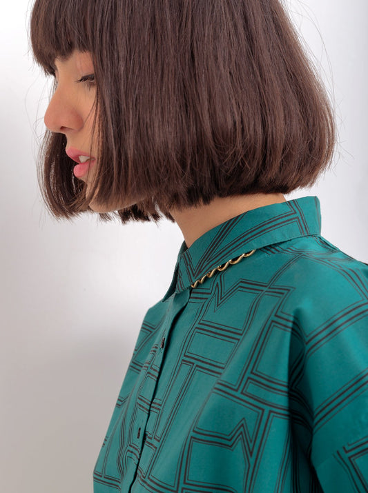 TEAL PRINTED FRONT BELT COLLAR SHIRT