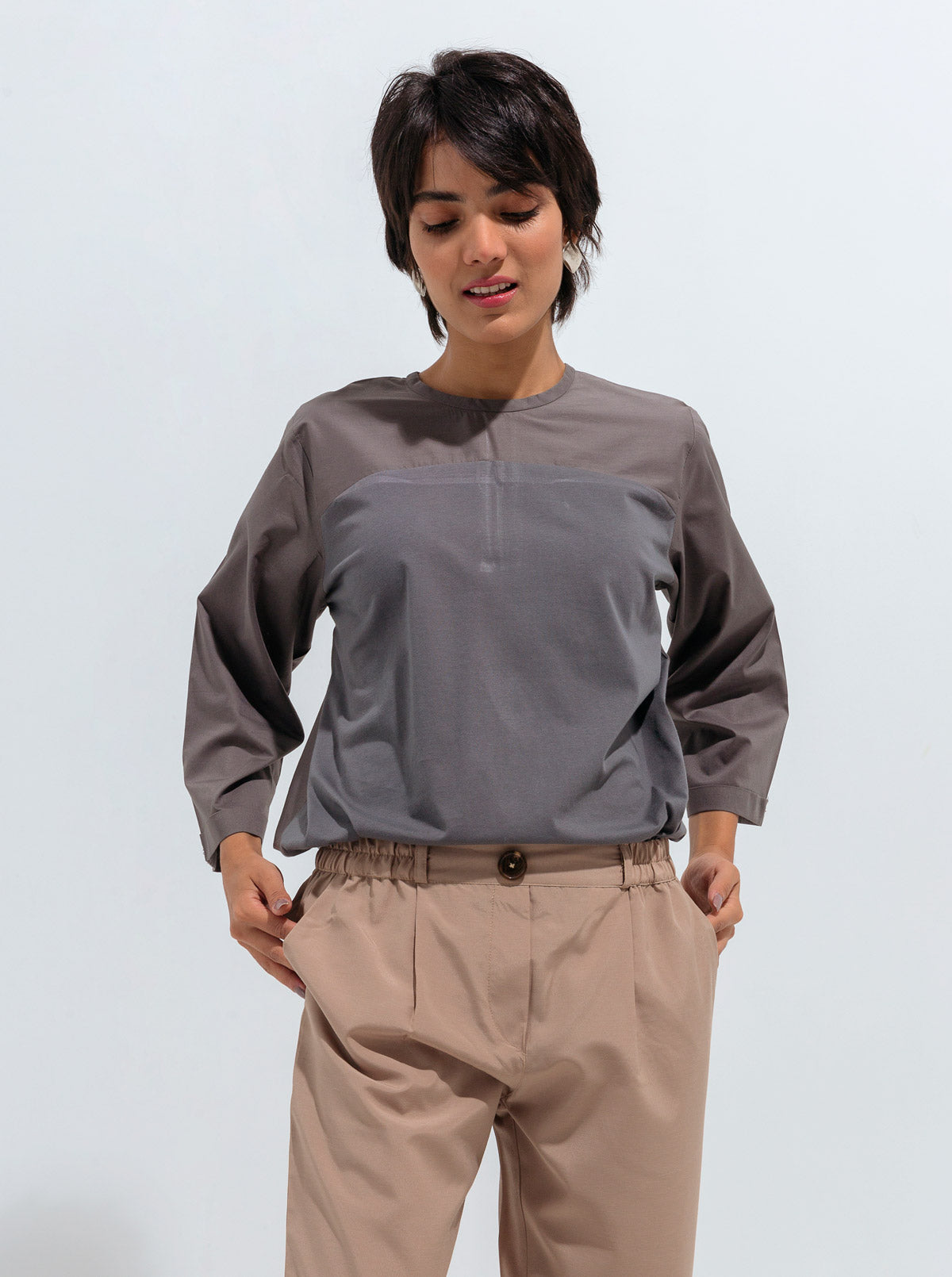 GRAY JERSEY YOKE TOP