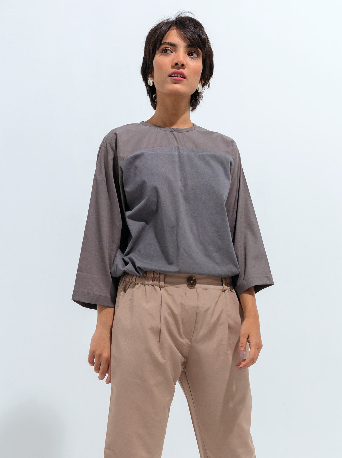 GRAY JERSEY YOKE TOP