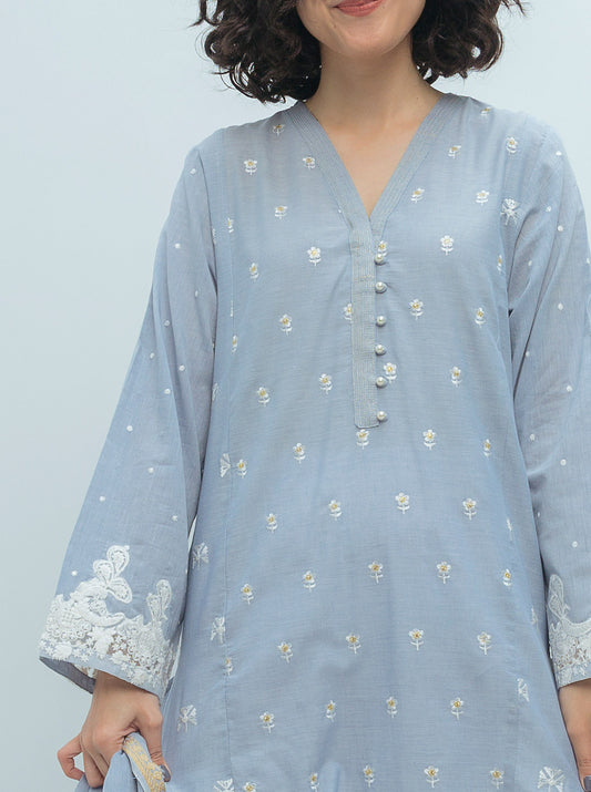 2 PIECE EMBROIDERED CHAMBRAY SUIT (PRET)