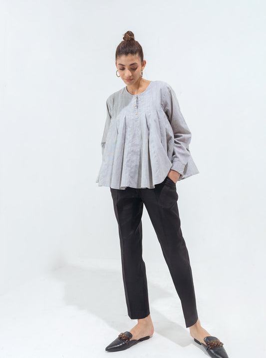 GRAY TEXTURED PLEATED PEPLUM