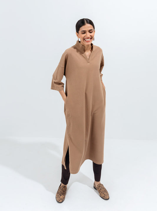 TAN TEXTURED KNIT LONG TUNIC