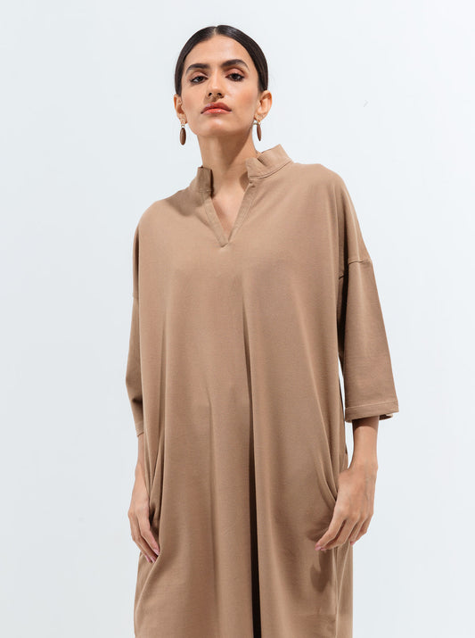 TAN TEXTURED KNIT LONG TUNIC