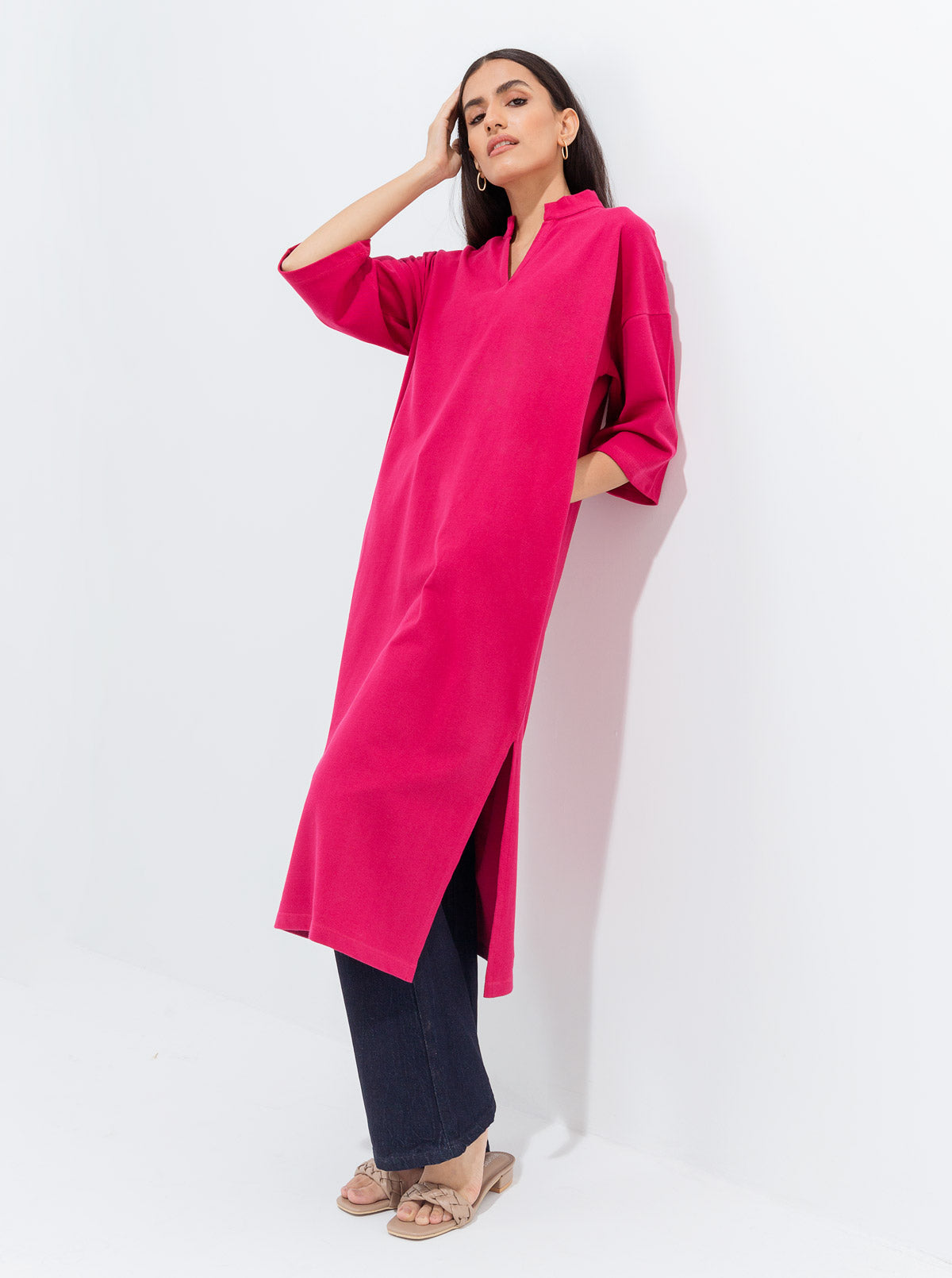 Pink Textured Knit Long Tunic