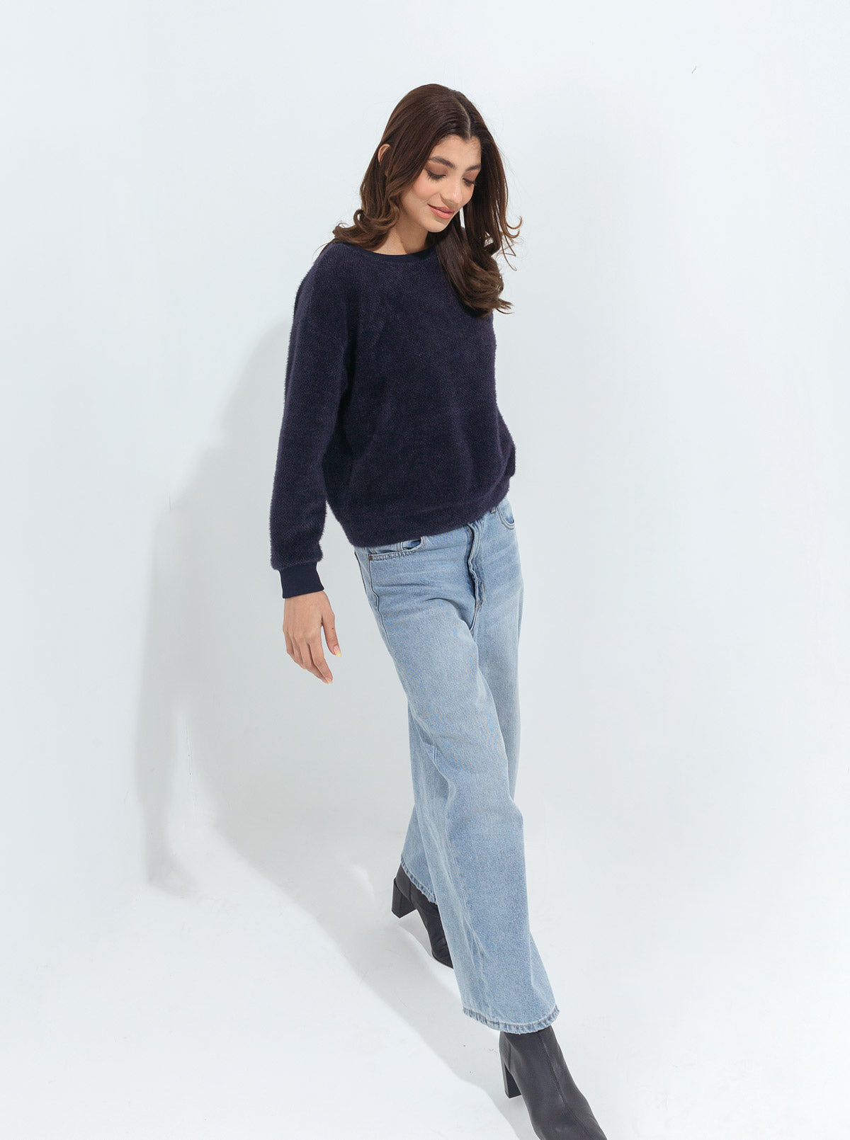 NAVY BLUE TEXTURED KNIT SWEATSHIRT