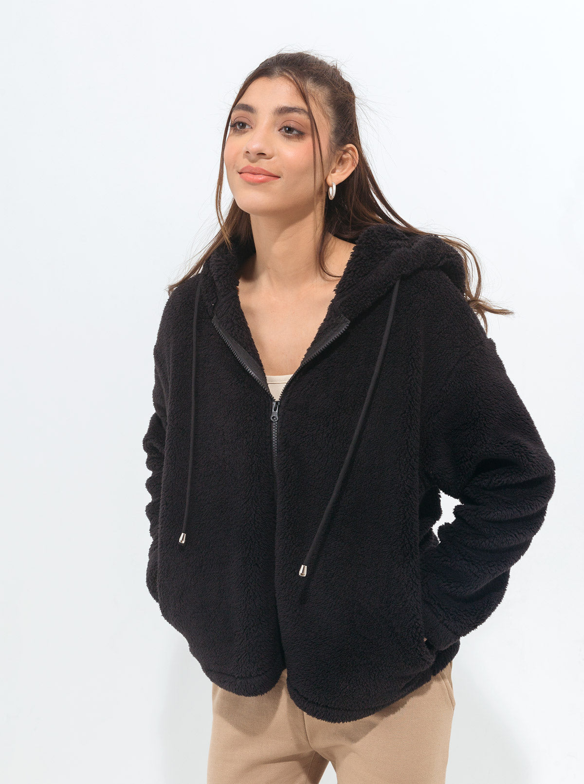 BLACK SHERPA FLEECE HOODIE