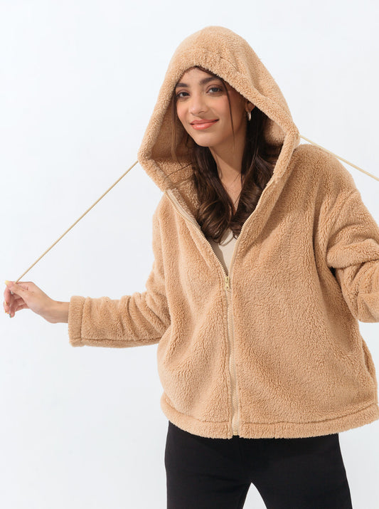 LIGHT BROWN SHERPA FLEECE HOODIE