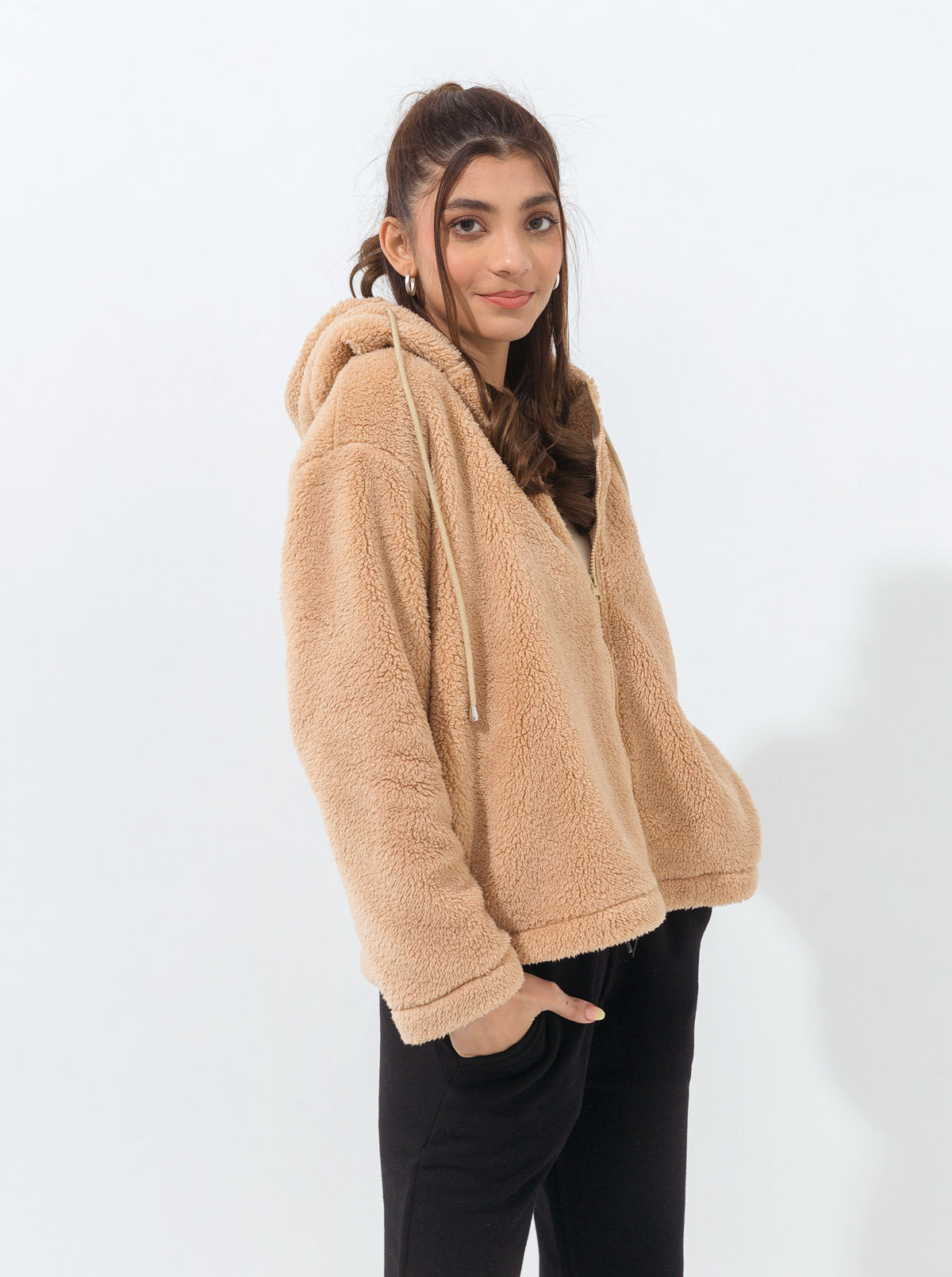 LIGHT BROWN SHERPA FLEECE HOODIE