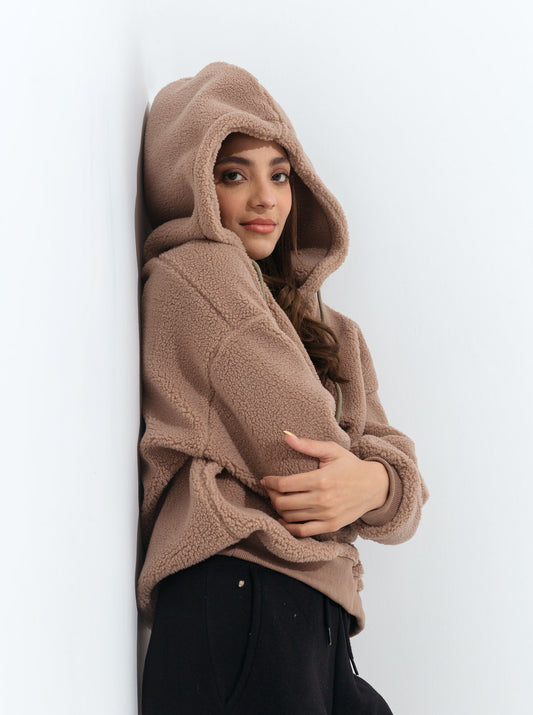 LIGHT BROWN HOODED TEDDY FLEECE SWEATSHIRT