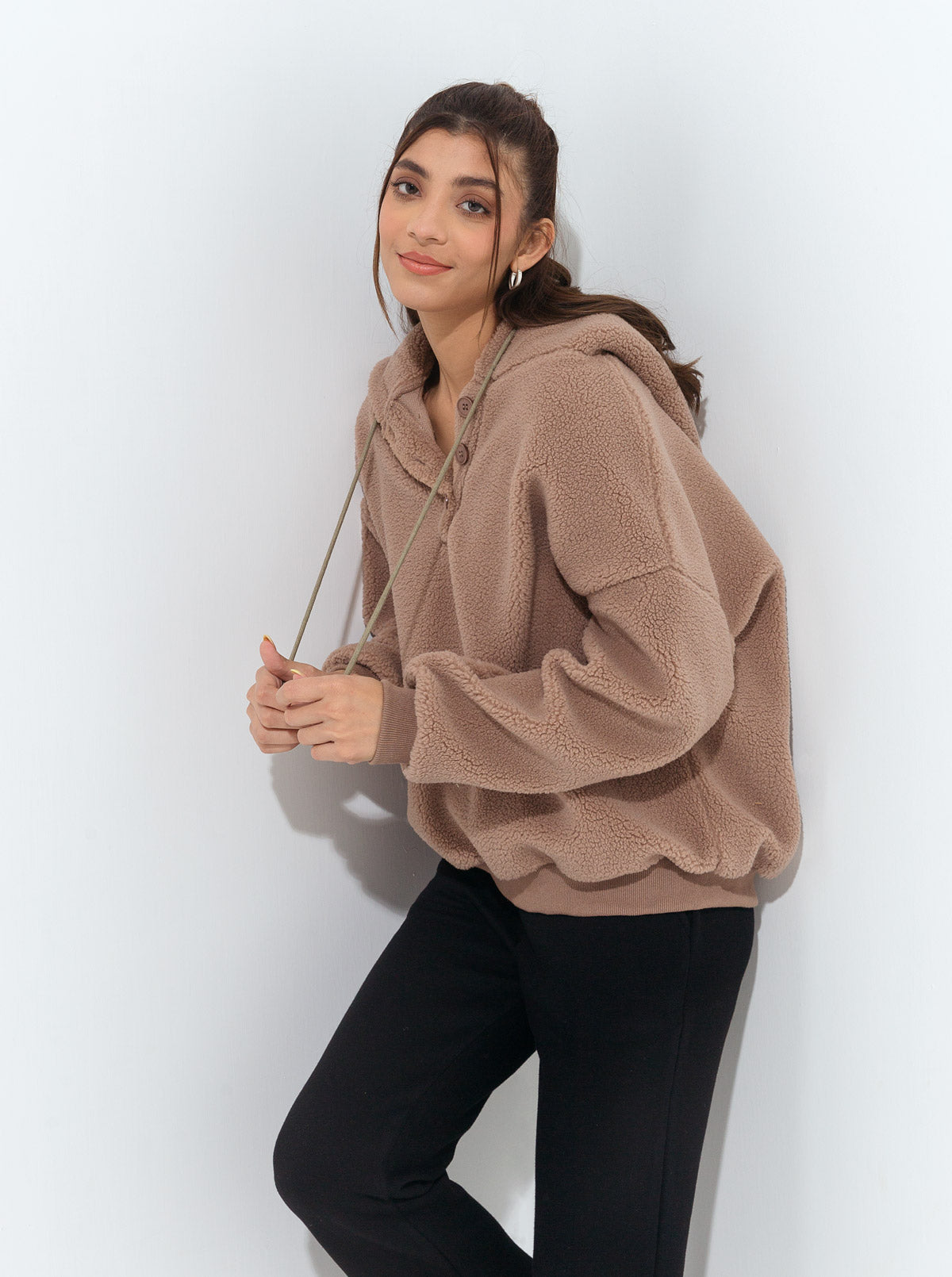 LIGHT BROWN HOODED TEDDY FLEECE SWEATSHIRT