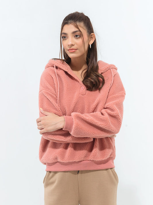 CORAL HOODED TEDDY FLEECE SWEATSHIRT