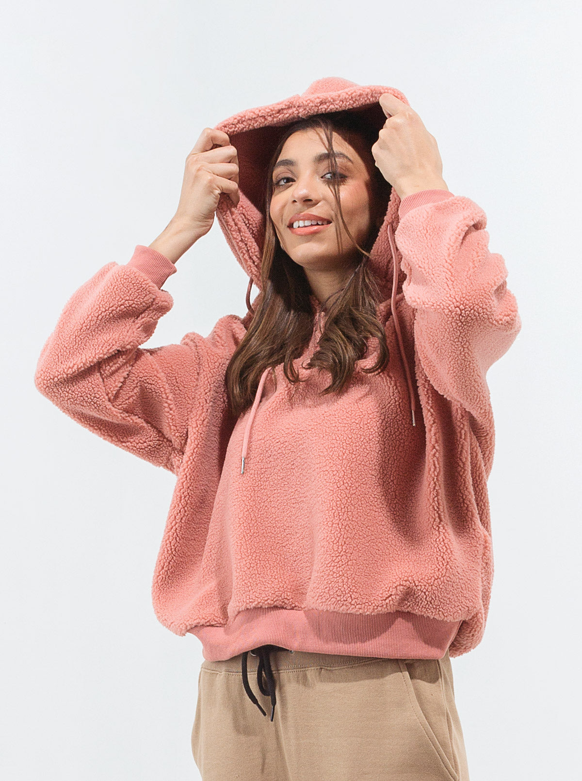 CORAL HOODED TEDDY FLEECE SWEATSHIRT