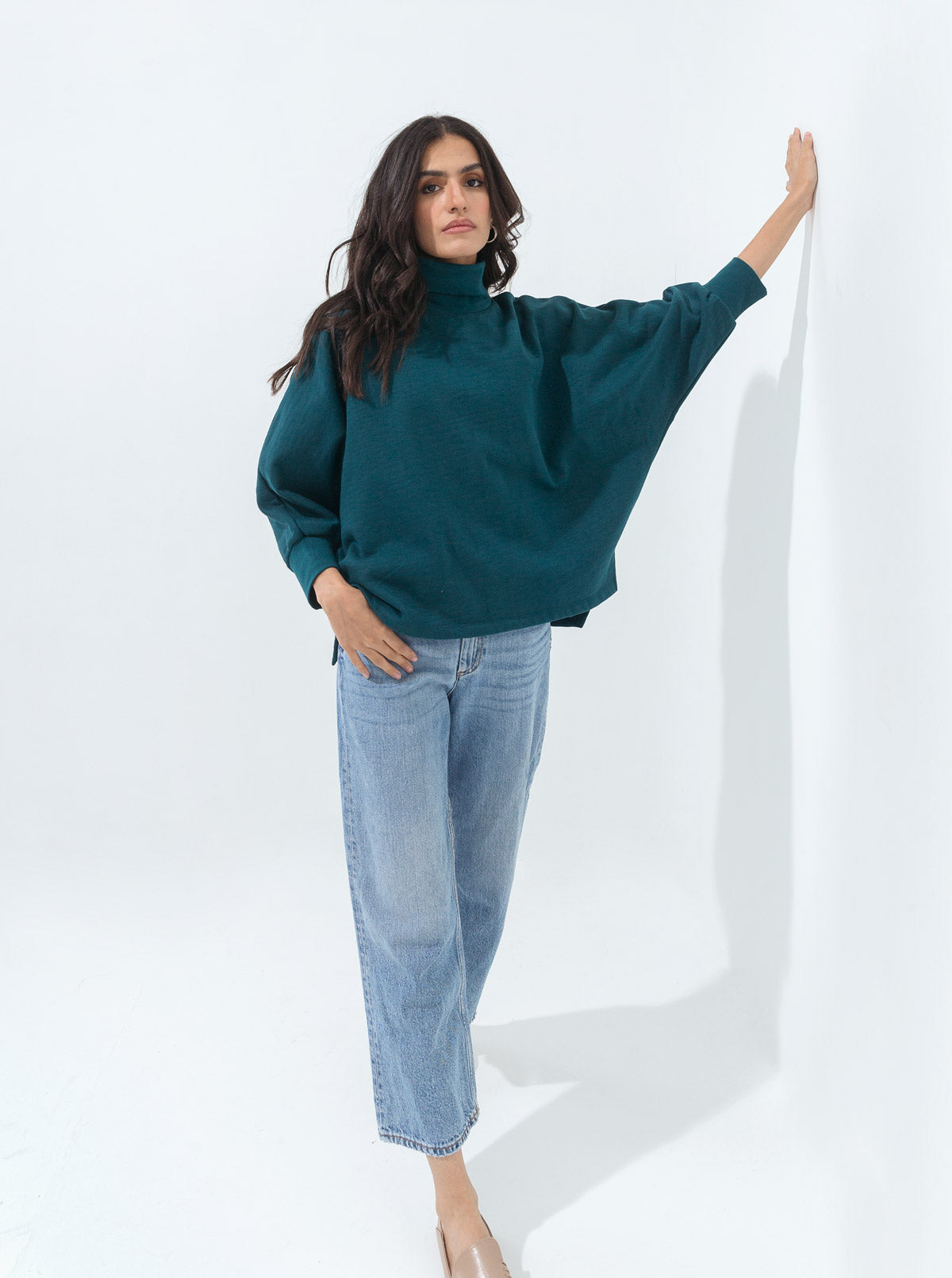 TEAL BATWING SLEEVED FLEECE SWEATSHIRT