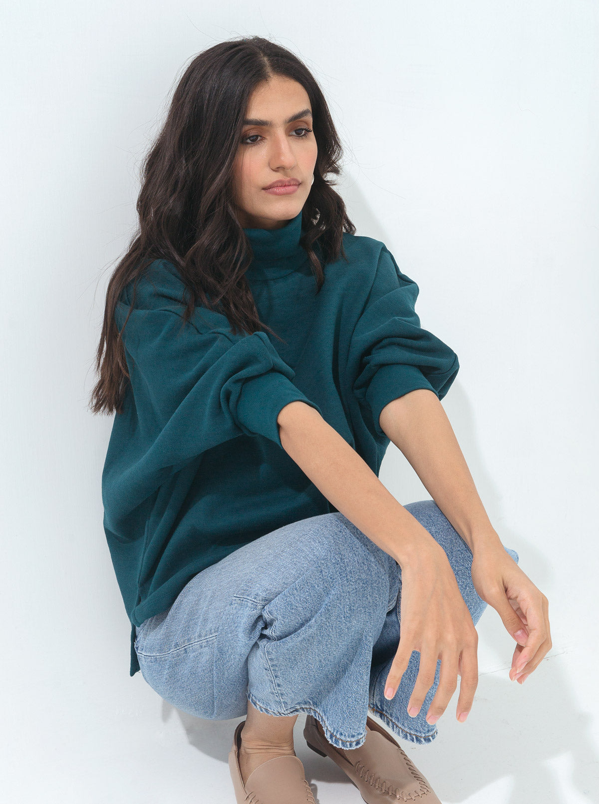 TEAL BATWING SLEEVED FLEECE SWEATSHIRT