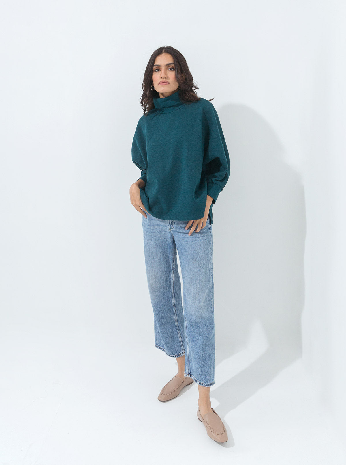 TEAL BATWING SLEEVED FLEECE SWEATSHIRT