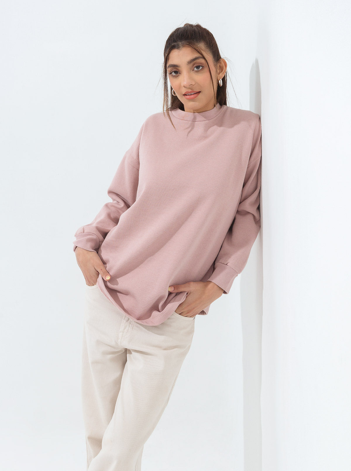 BLUSH PINK MOCK NECK FLEECE SWEATSHIRT