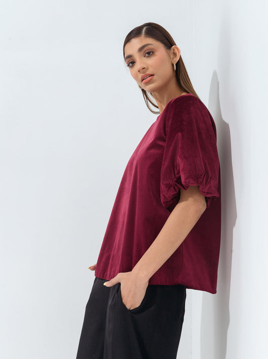 MAROON PUFFED SLEEVES VELOUR TOP