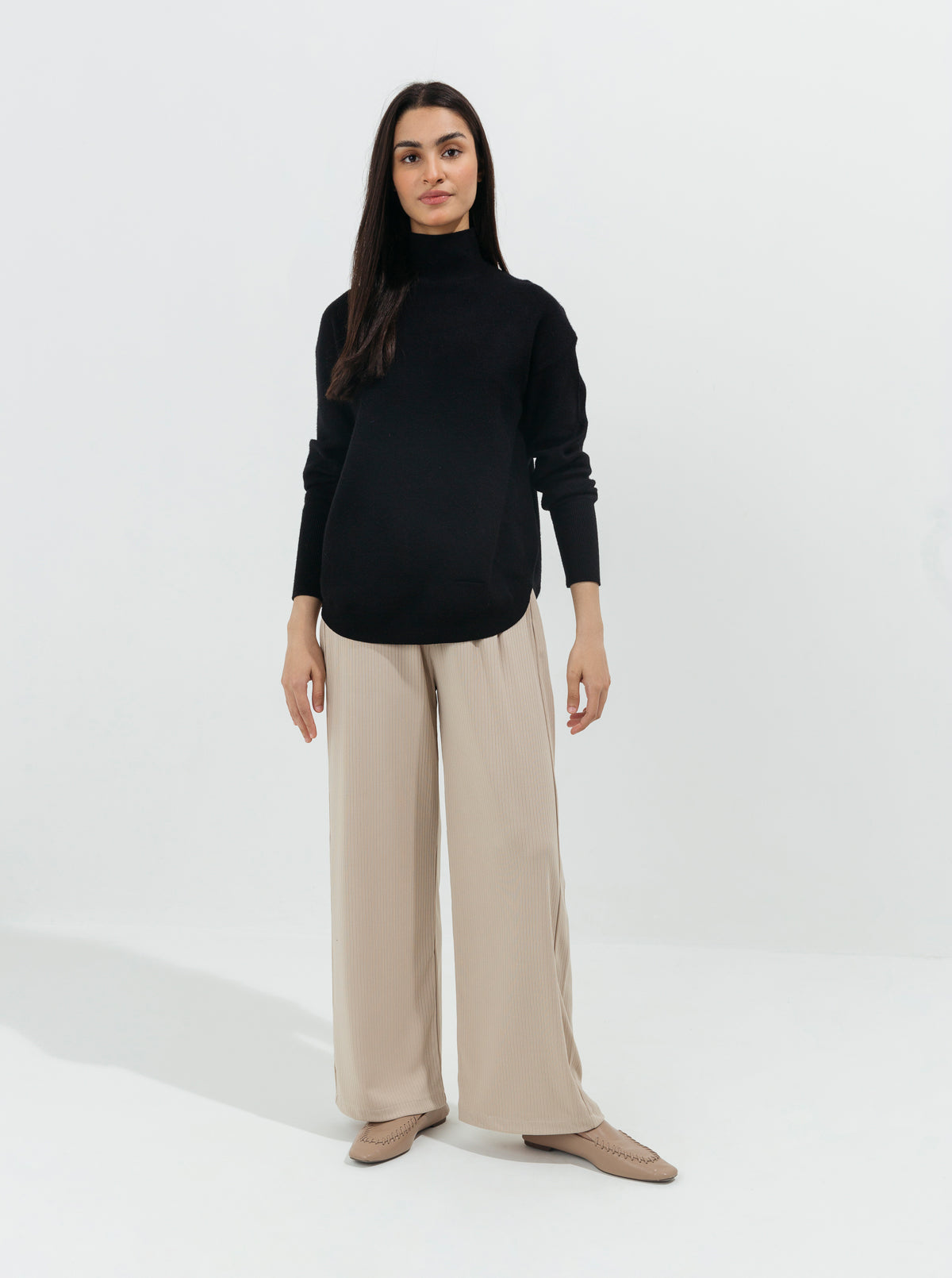 BEIGE RIB WIDE LEG PANTS