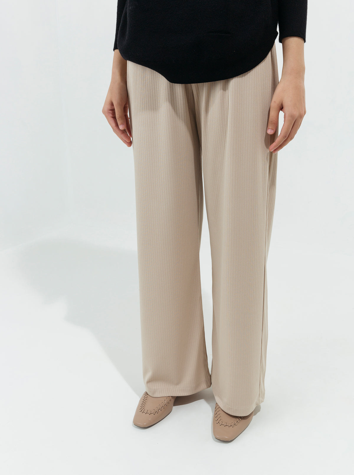 BEIGE RIB WIDE LEG PANTS