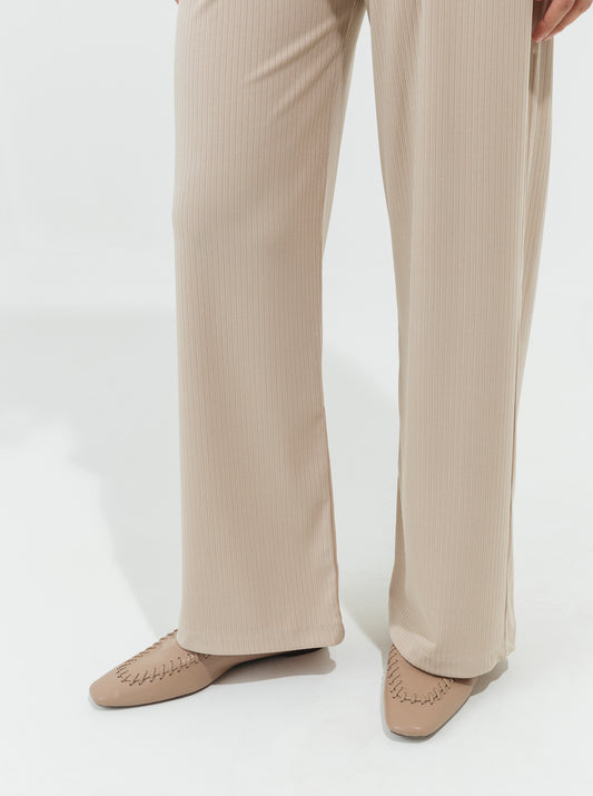 BEIGE RIB WIDE LEG PANTS