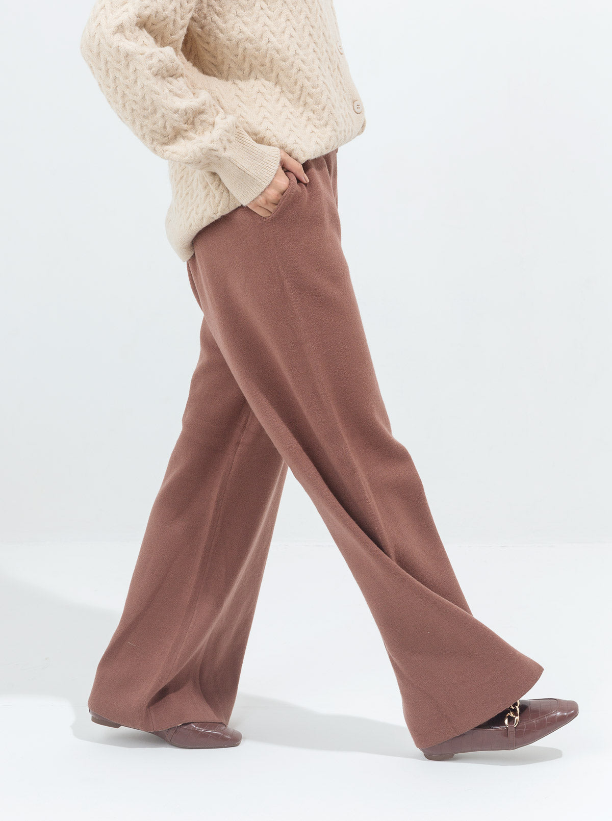 BROWN SWEATER KNIT WIDE LEG PANTS