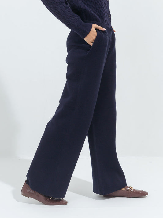 BLUE SWEATER KNIT WIDE LEG PANTS