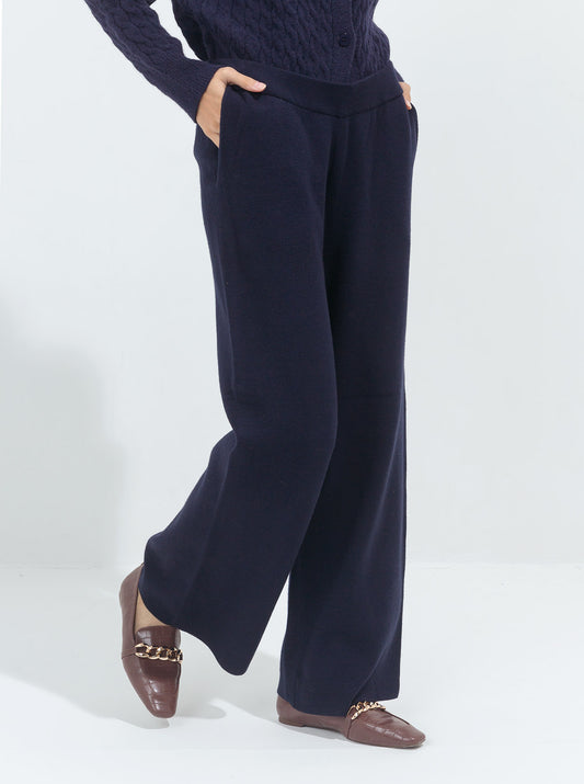 BLUE SWEATER KNIT WIDE LEG PANTS