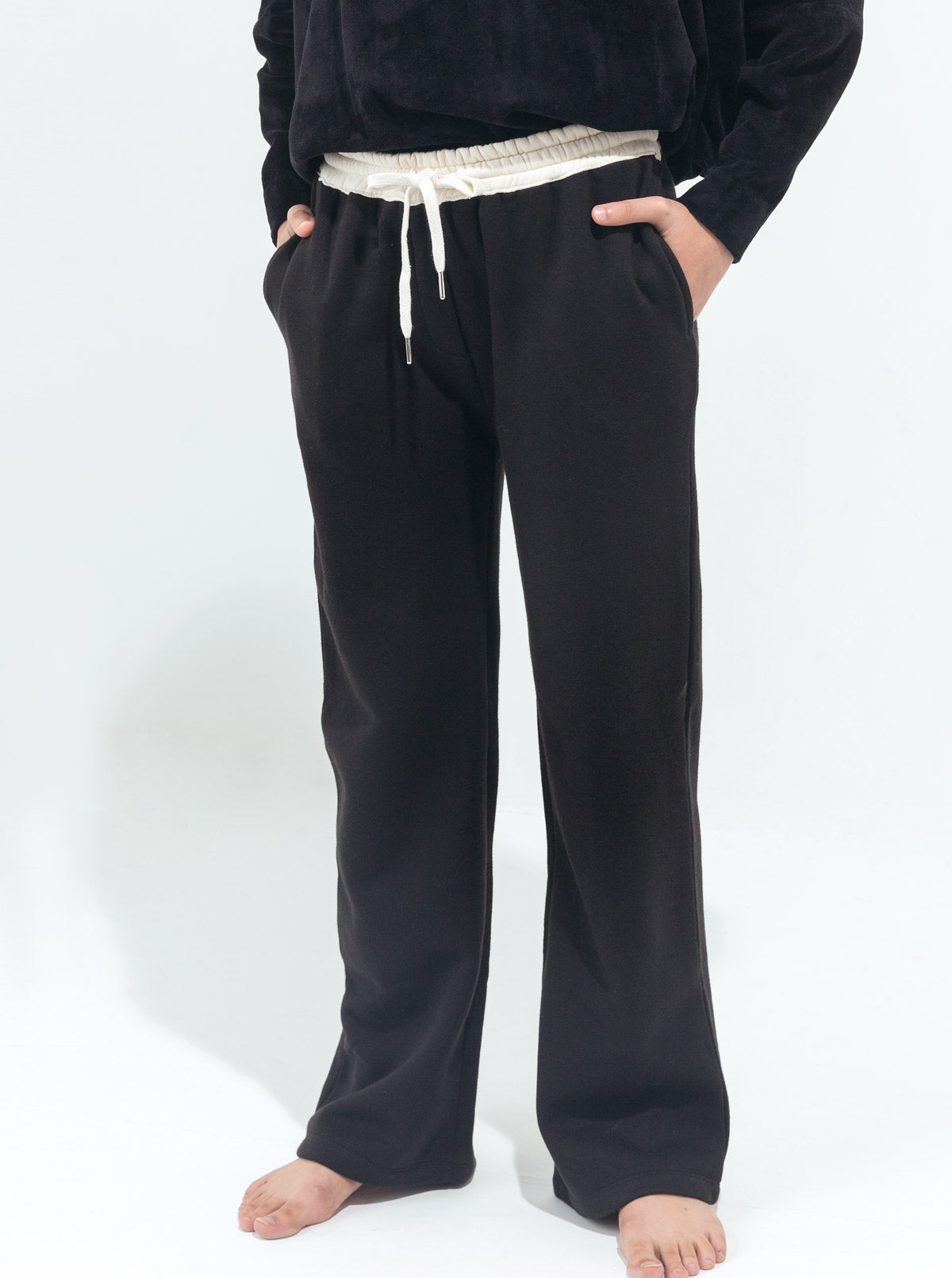 BLACK CONTRAST WAIST-BELT FLEECE PANTS