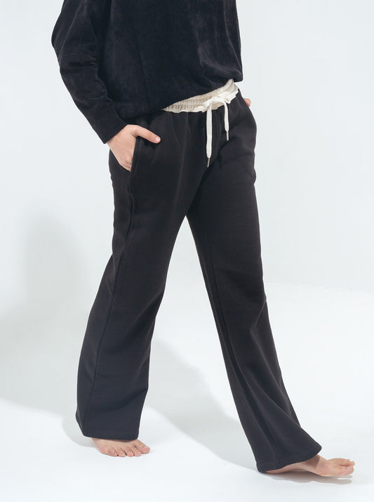 BLACK CONTRAST WAIST-BELT FLEECE PANTS