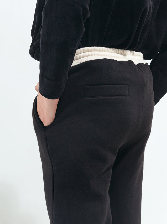 BLACK CONTRAST WAIST-BELT FLEECE PANTS