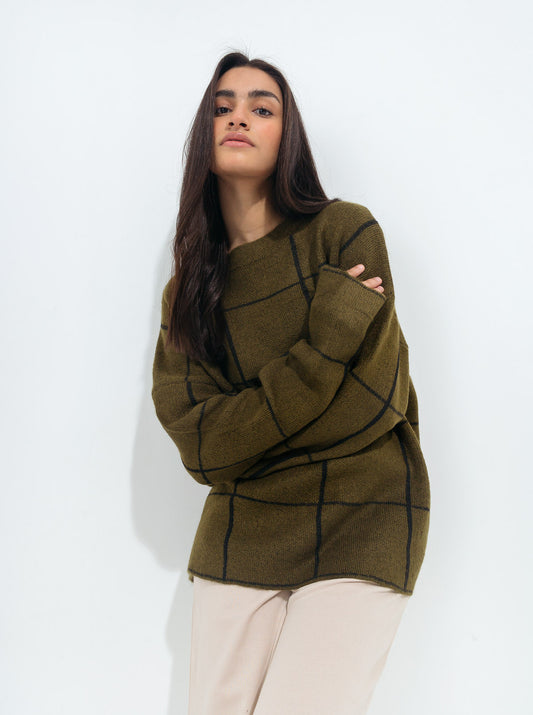 OLIVE GREEN CONTRAST GRID PULLOVER