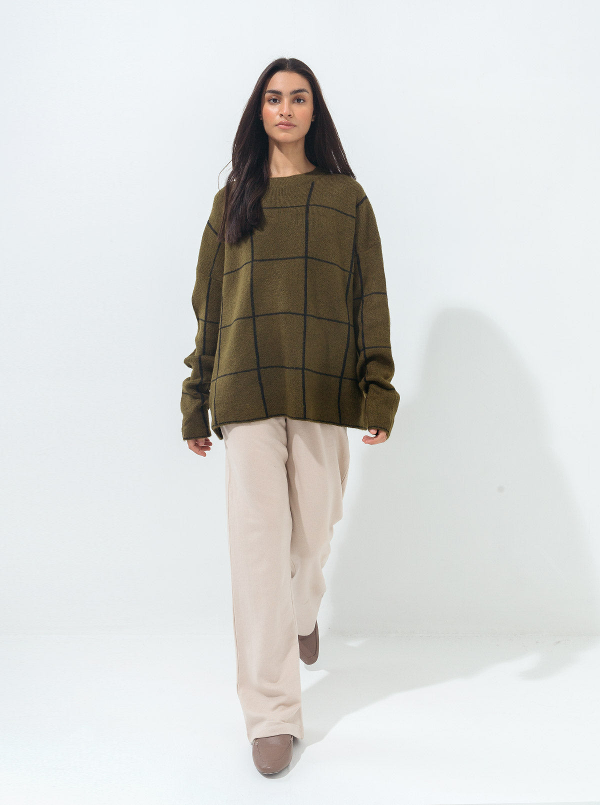 OLIVE GREEN CONTRAST GRID PULLOVER